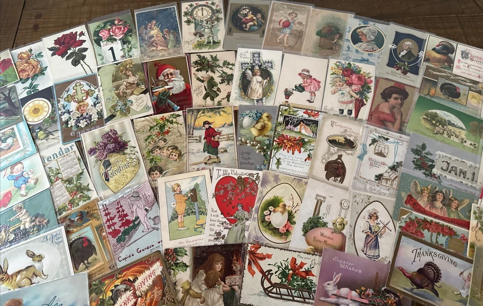 Lot of 60 Holiday Greetings Postcards~Xmas~Easter~Thanksgiving Santa~etc.~k469 - Image 3 of 4
