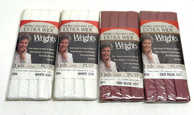 VTG Lot of 4 Wrights Extra Wide Dbl Fold Bias Tape 1/2'' White & Old Rose PC09