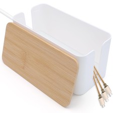 Cable Tidy Box White Cable Box with Bamboo Lid Cable Organiser Cable Manageme...