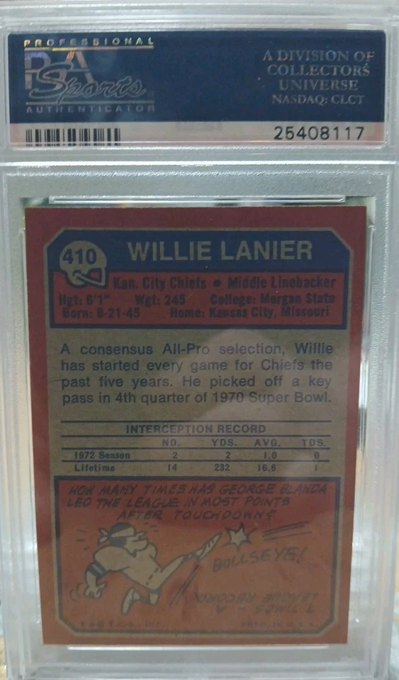 1973 Topps Willie Lanier Card # 410 PSA 8(OC) Kansas City Chiefs HOF - Image 2 of 2