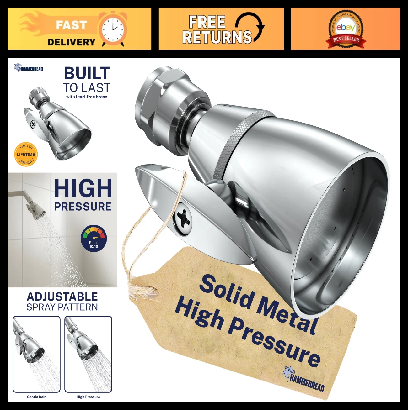 High Pressure 2 Inch Chrome Shower Head - 2.5 GPM Adjustable Spray, High Flow
Opens in a new window