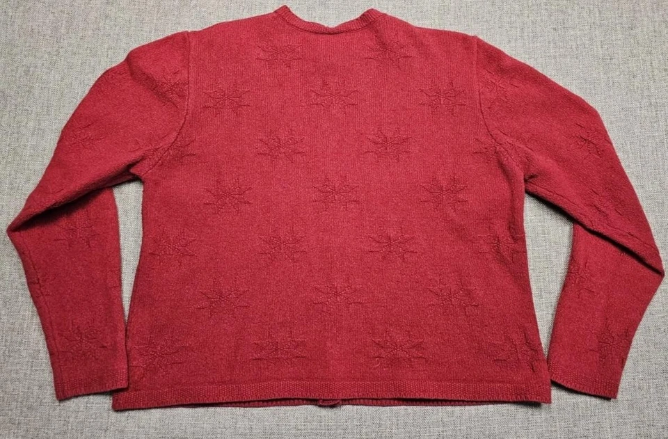 Eddie Bauer Sweater Womens Large Red Cardigan Merino Wool Snowflake Knit Button - Image 2 of 4