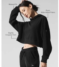 Alo Yoga Muse Hoodie Black Ribbed Cropped Sweatshirt Women's S Athleisure