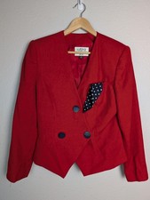 Vintage Kasper Blazer Womens 10 Red Double Breasted Jacket Polka Dot Pocket