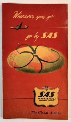 1950s SAS ROUTE MAP North Atlantic Region DC-7c Plane Scandinavian Airlines VTG