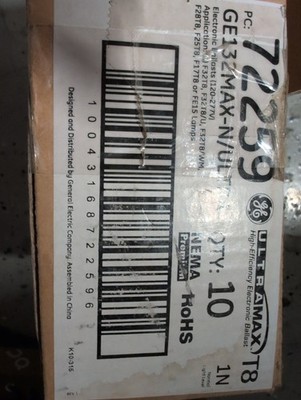 (10) GE 72259 GE132MAX-N/Ultra 120-277V T8 Electronic Ballast for 1 F32/25/17T8
