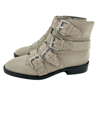 Topshop Boots Beige Leather Studded Buckle Straps Ankle Boots