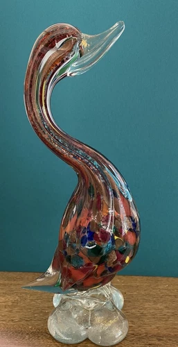 Vintage Murano 10.25” Art Glass Duck Swan Figurine Multicolor w/ Gold Flake