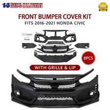 Type R Style Front Bumper Cover Kit w/ Grille & Lip For 2016-2021 Honda Civic
