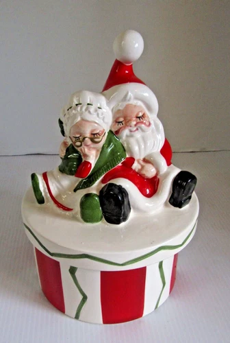 Lefton Napping Santa Mrs Claus 8.5” Candy Trinket Box Lid Ceramic Vtg