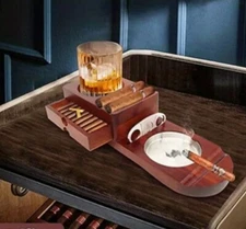 Cigar Ashtray Whiskey Glass Coaster, Drawer Wooden Ash Tray W/ Cigar Cutter Slot