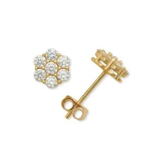 14K Solid Gold CZ Flower Cluster Shaped Studs Earrings Gift