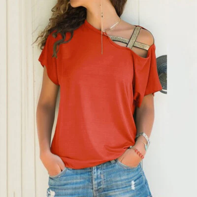  Damen Sexy schulterfrei T-shirt Kurzarm Party Sommer Bluse Orangrot Gr.M - Bild 1 von 2