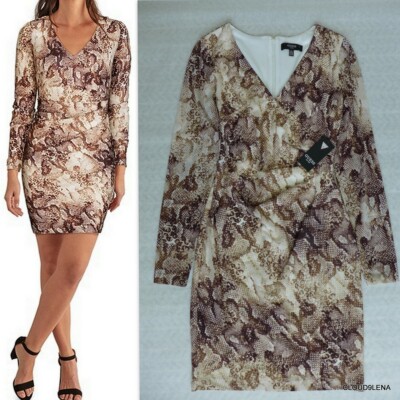 NWT GUESS Long Sleeve V-Neck Snake/Python Print Sheath Dress Size 4