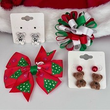 Festive Holiday Hair Bow and Bears Earring Set Christmas Handcrafted