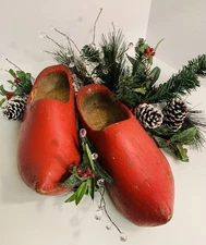 Red Carved Wooden Dutch Clogs Large Santa Elf Shoes Holiday Christmas Decor VTG