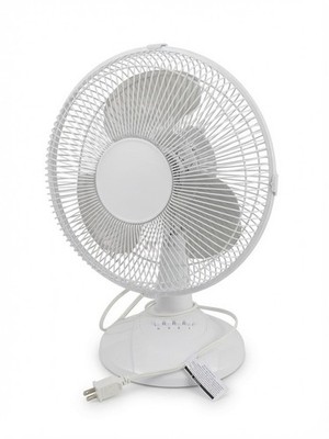 Portable Tabletop Fan, White, 3-Blade Axial, Push Button, Tilt Head, Corded