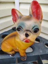 Bank Chalkware French Bulldog Carnival Figure Coin Dog Vintage Prize Fair Orange