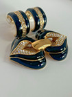 Vintage 1980s/1990s Runway S.A.L. Gold Tone Black Enamel Crystal Earrings & Pin — photo 3