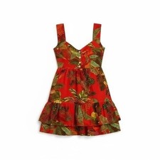 FARM Rio Forrest Birds Linen Blend Button Front Tiered Mini Dress Red Size M