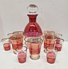 MCM Cocktail Set Decanter w/shot highball Glasses Cranberry Gold Stripes Barware