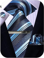 Mens Tie Pocket Square Cufflinks Tie Bar Set, Silk Woven Necktie with Hanky Clip