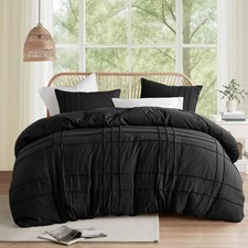 Black King Size Duvet Cover Set - 3 Pieces Pintuck Pleated Duvet Cover, All S...