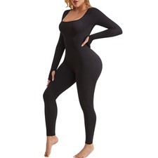 Women Workout Seamless Jumpsuit Yoga One Piece Long Sleeve Leggings Romper Black