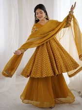 Couture Festive Wear Yellow Crunchy Silk Full-Flair Sharara Plazzo Set