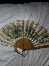 Antique Hand Painted Victorian Double Sided Silk Fan with wood guard and ribs