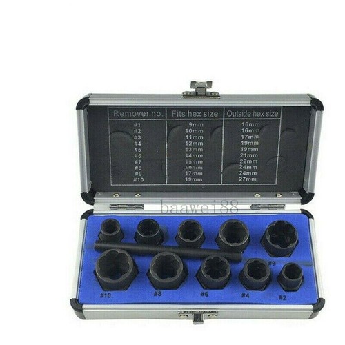 11Pcs Damaged Lug Nut And Lock Remover Set – Twist Socket, 19mm, 3/8" Drive – Screw Extractor