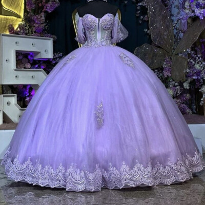 open lace back dress Lilac Tulle Sweet 16 Dresses,Long Prom Dress for Teens,PD00440, US4 / Lilac main image 1
