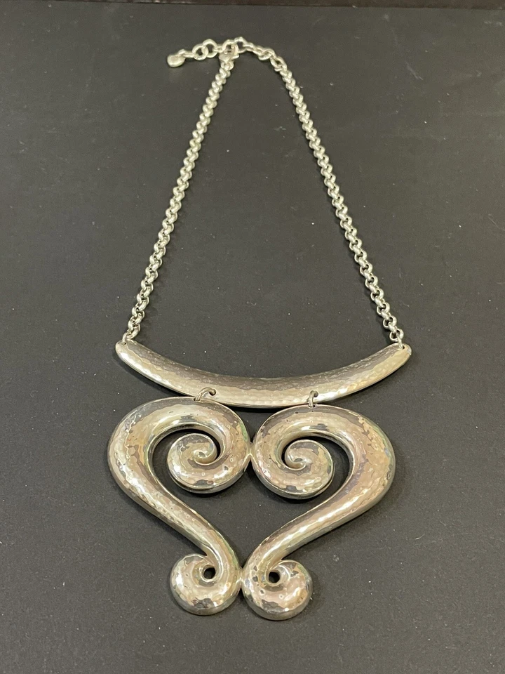 Brighton Large Genoa Heart Necklace Silver Hammered Scroll 18" Adjustable Sexy - Image 2 of 4