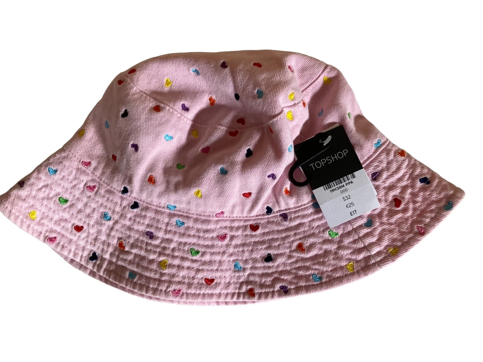 Topshop Pink Cotton Heart Print Embroidered Bucket Hat NWT