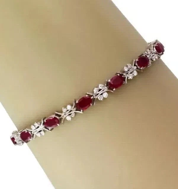 8CT Oval Cut Lab Created Red Ruby Gorgeous Tennis Bracelet 14k White Gold Plated - Image 2 of 4