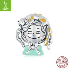 Fashion Women Real 925 Sterling Silver Kitty  Girl Bead Charm Fit Bracelet Gift