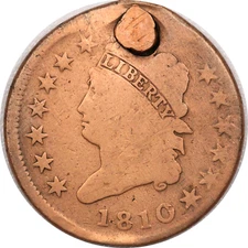 1810 Classic Head Large Cent 1C, Very Good VG, Holed/Plugged & Cleaned