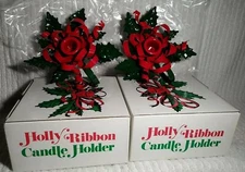 Dept 56 Holly Ribbon Candle Holder 7119-6 Red Green Christmas Set Of 2 Rare