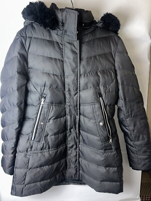 VINCE CAMUTO Women's M grey Full Zip Quilted Hooded Puffer Jacket Coat Down 