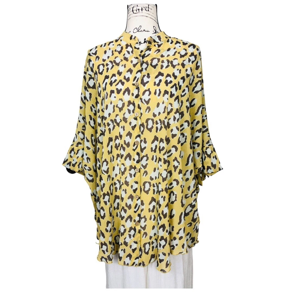 Free People Oversized Leopard Shirt Size Small Yellow Brown Lightweight