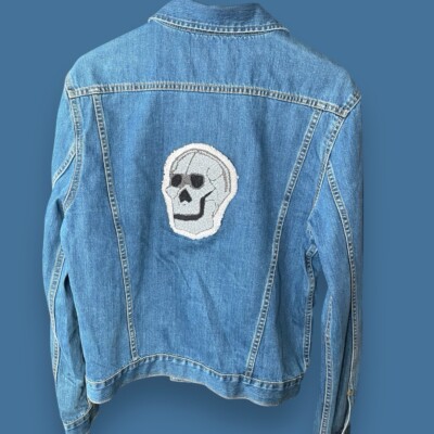 Calvin Klein Jeans Jean Jacket  With Custom Hand Made Skull Punch Needle Patch.