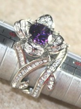 SILVER Elegant Amethyst Rose Flower Wedding  Engagement Ring Set
