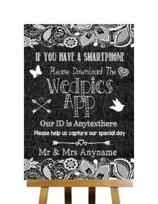 Personalisiertes Hochzeitsschild dunkelgrau Sackleinen & Spitzenoptik Wedpics App Fotos