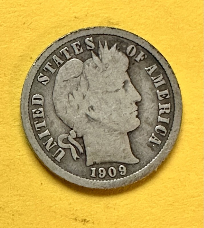 1909 Barber Dime. 90% Silver.    G-VG Condition. Charity Auction/Animal Rescue.