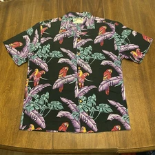 Vintage Paradise Found Shirt Mens 22x28” Black Floral Parrot Hawaiian Magnum PI