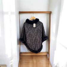 TAMSY Leopard Print Faux Fur Poncho Navy Grey Luxury Warm Cape NWT One Size