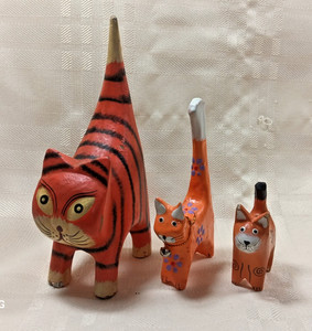 Lot of 3 Folk Art - WOODEN ORANGE CATS Stripes & Spots, Long & Short tails LOOK!