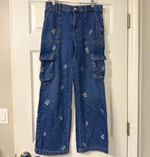 SO Girl s Blue Denim Wide-Leg Cargo Pocket Jeans Floral Embroidered 16