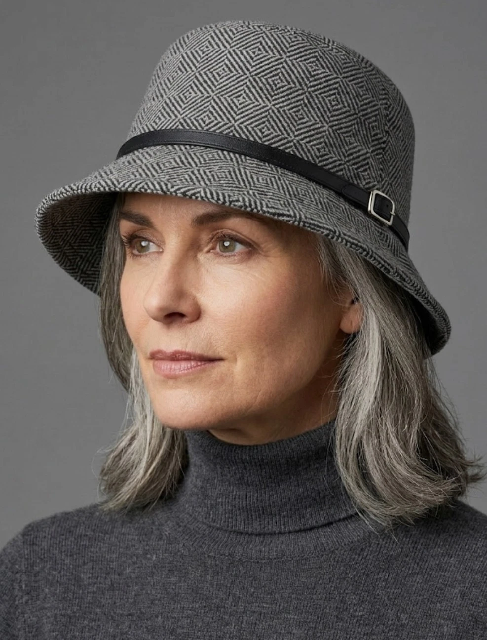Women's Wool Cloche Style Bucket Hat Lined Grey Black Belt Buckle