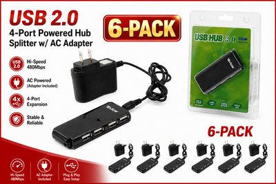 USB 2.0 Hi-Speed 4-Port Powered Hub Splitter w/ AC Adapter (6-Pack)